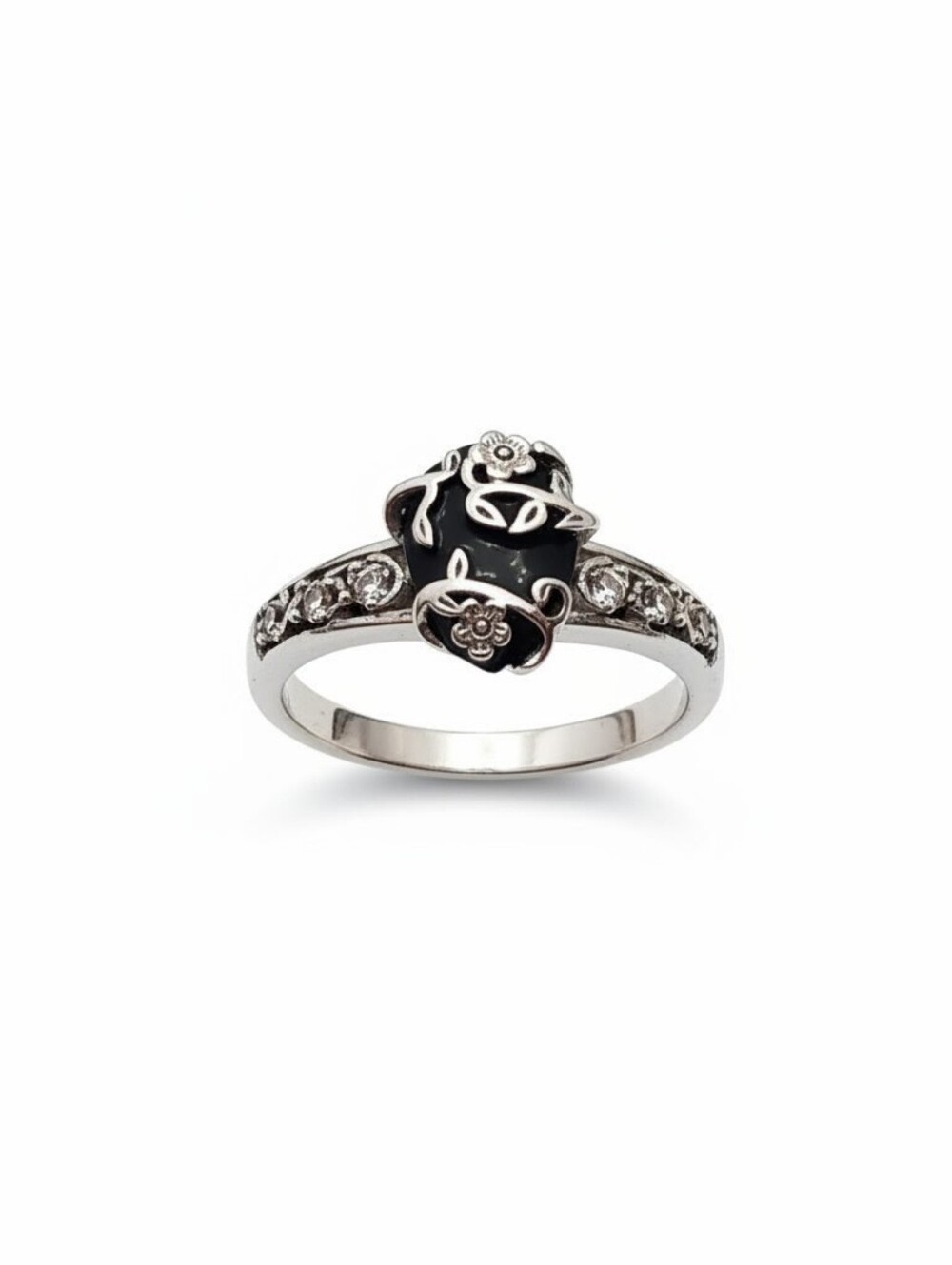Sassified Boutique Nwt S925 Black Enamel Floral Accent Ring with Clear Stones